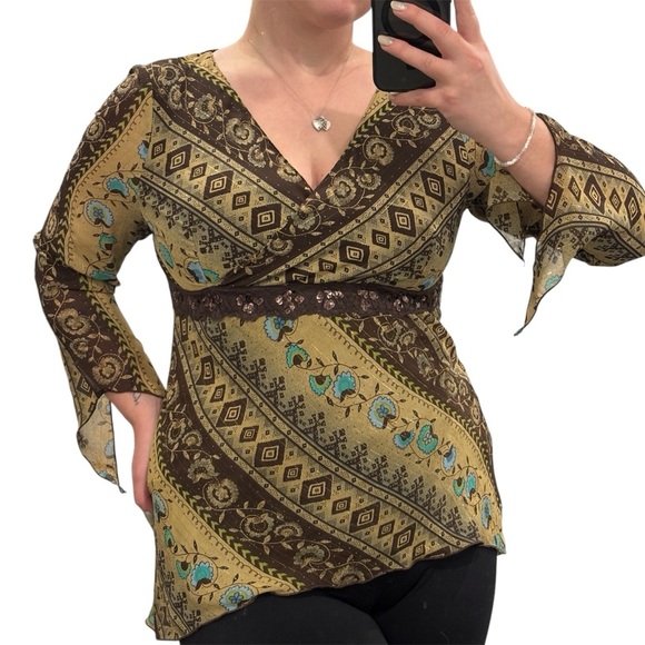 Vintage Tops - Brown Boho Y2K V-Neck Bell Sleeve Blouse M